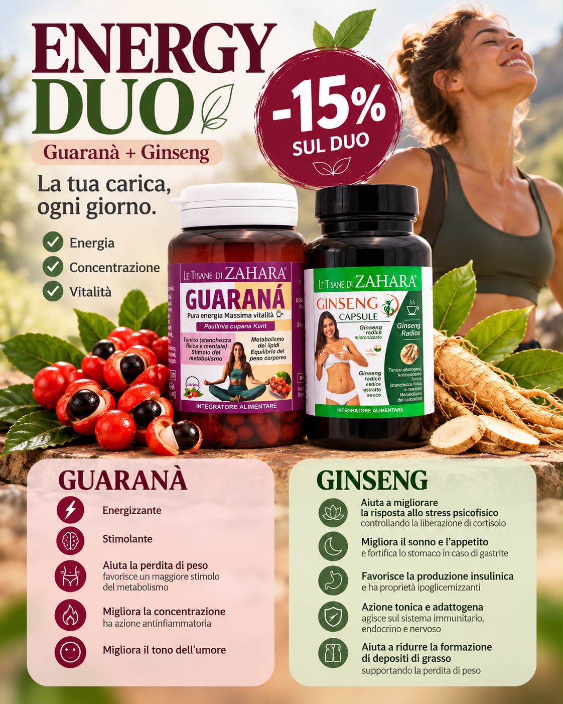 Energy Duo Le Tisane di Zahara: integratori Guaranà e Ginseng in capsule